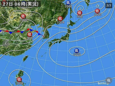 本日6月27日(月)、午後には「北陸で急な激しい雨に注意」